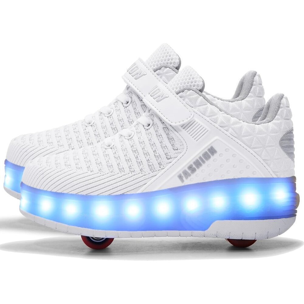 🆕 Men White USB Chargable LED Light Up Roller Wheeled Skate Sneaker Shoes Kids